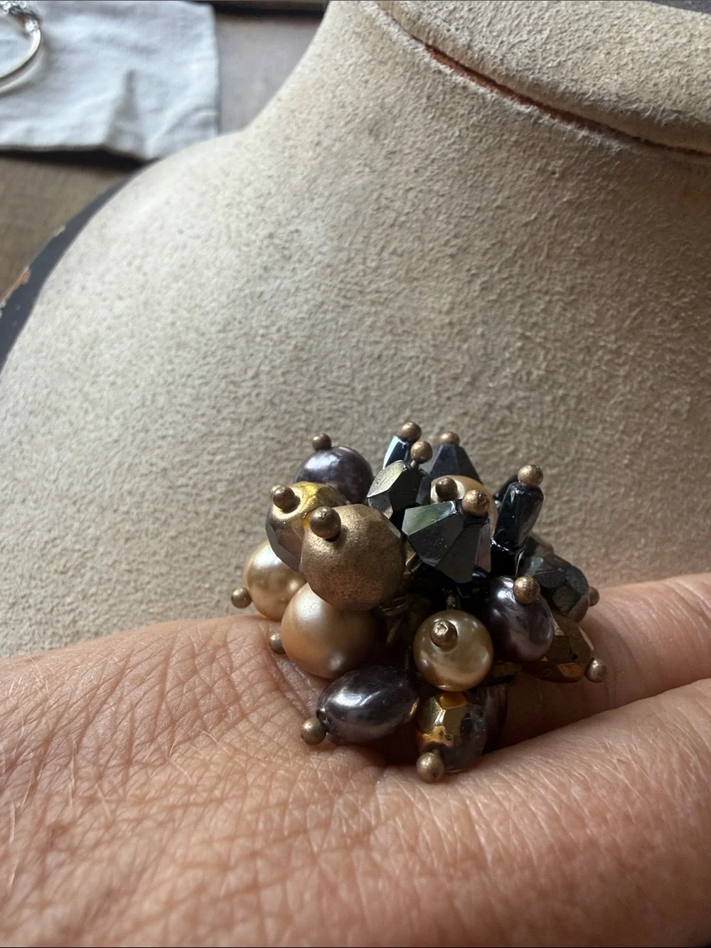 Cluster Pearl and Hematite Bead Statement Ring!
